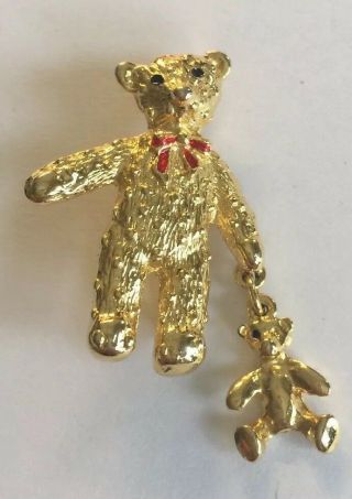 Vintage Christmas Teddy Bear Brooch Holding Bear Gold Tone Articulated Jewelry