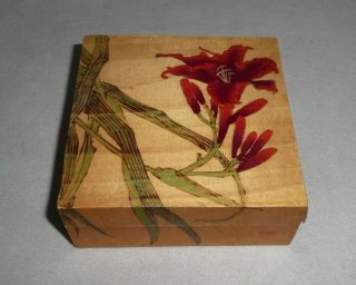Vintage Hand Painted Wooden Floral Trinket Box With Lilly Graphic Felt Lining