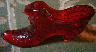 Vintage Fenton Ruby Red Hobnail Glass Shoe With Cat Face