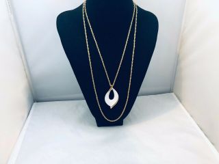 Vtg.  Crown Trifari White Enamel & Gold Tone Leaf 2 - Chain Necklace