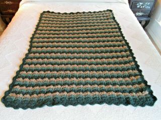 Vintage Tan & Green Hand Crocheted Afghan Lap Throw - 36 X 52 " Scalloped Edges