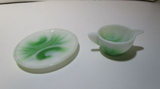 2 Vintage Miniature Akro Agate Dishes Marbled Green Glass Plate And Creamer