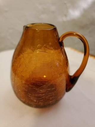 Small Vintage Hand Blown Handled Crackle Art Glass Pitcher - Amber