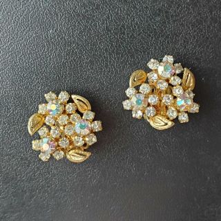 Vintage Ab Crystal Rhinestone Flower Leaf Gold Tone Clip Earrings W204