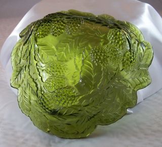 Indiana Glass Loganberry Leaf & Berry Candy Dish Bowl Green Glass Vintage 5