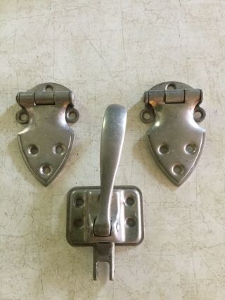 Vintage Ice Box Hardware 2 Hinges 1 Latch Assembly - Plated Brass