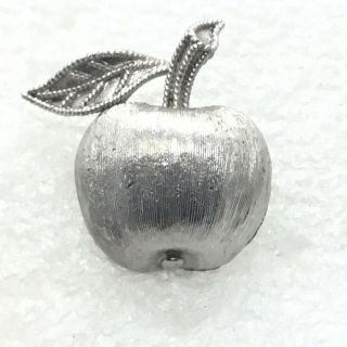 Signed Trifari Vintage Apple Brooch Pin Silver Tone Fruit Costume Jewelry
