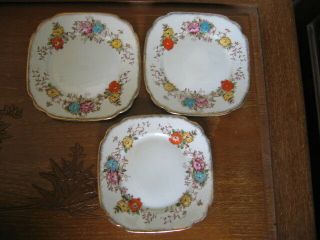 3 Vintage Royal Albert Square Side Plates With Hand Painted Detail