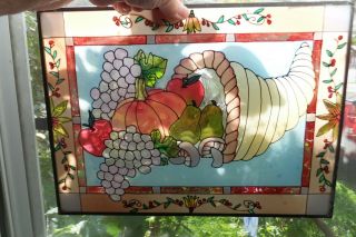 Painted/stained Glass Horn Of Plenty Window Hangs Thanksgiving Vntg Cornucopia