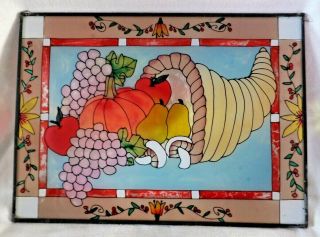 Painted/Stained Glass Horn of Plenty Window Hangs Thanksgiving Vntg Cornucopia 2