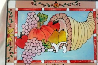 Painted/Stained Glass Horn of Plenty Window Hangs Thanksgiving Vntg Cornucopia 3