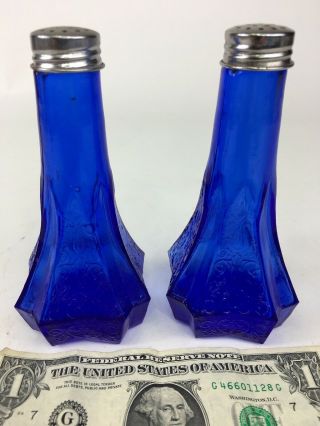 Vintage Antique Glass Cobalt Blue Floral Salt Pepper Shakers 5.  5” Tall Euc