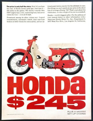 1963 Honda 50 Motorcycle Photo " Just Sips Gas - 225 Mpg " Vintage Print Ad