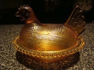 Vintage Indiana Carnival Glass Hen On Nest Emerald Amber Covered Dish