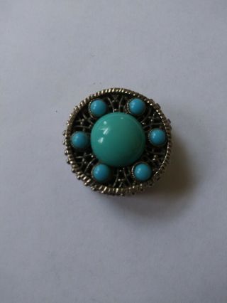 Vintage Round Spring Hinged Pill Box With Turquoise Stones