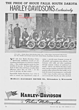 1945 Vintage Harley Davidson Police Motorcycles " Sioux Falls,  S.  D.  " Print Ad