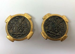 Vintage Coin/button Clip - On Earrings Bronze & Brass Tone Metal Medusa Head Snake