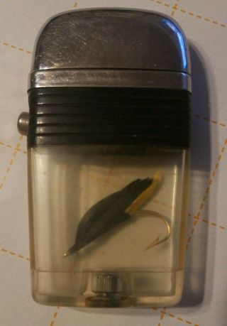 Vintage Scripto Vu Cigarette Lighter Black W/ Black & Yellow Fishing Lure Fly