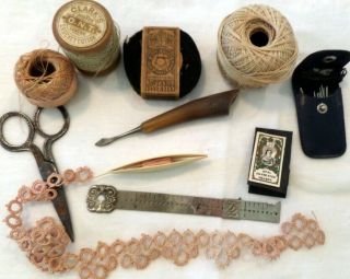 Antique Vintage Celluloid Tatting Shuttle,  Needles W/ Case,  Thread & Ruler