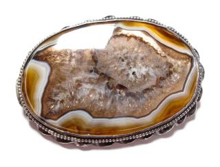 Large Antique Victorian Silver And Agate Brooch Af