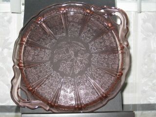 Vintage Pink Depression Glass Jeanette Cherry Blossom Handled Cake Plate Platter
