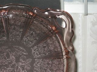 VINTAGE PINK DEPRESSION GLASS JEANETTE CHERRY BLOSSOM HANDLED CAKE PLATE PLATTER 2