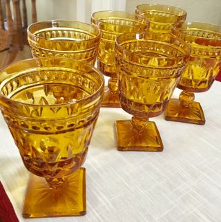 Set Of 6 Vintage Retro Indiana Glass Amber Colony Footed Square - Bottom Stemware