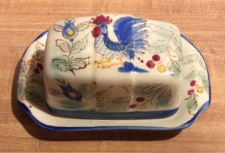Vintage Nasco Japan Hand Painted Rooster & Floral Ceramic Butter Dish