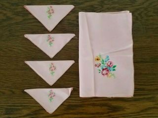 Pink Table Cloth And Four Matching Vintage Cloth Napkins Embroidered Flowers