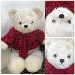 Bearland White Teddy Bear 1985 Vintage 20” Plush Eyes Open Close In Red Sweater