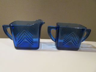 Vintage Cobalt Blue Depression Glass Chevron Sugar Bowl And Creamer Set