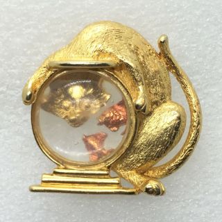 Signed Jj Vintage Cat Looking At Goldfish Brooch Pin Clear Lucite Enamel Jewelry