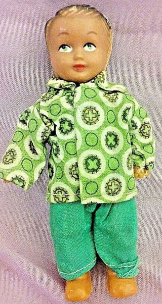 Antique Vintage 4 " Boy Doll Dollhouse Doll? Dressed In Green Celluloid