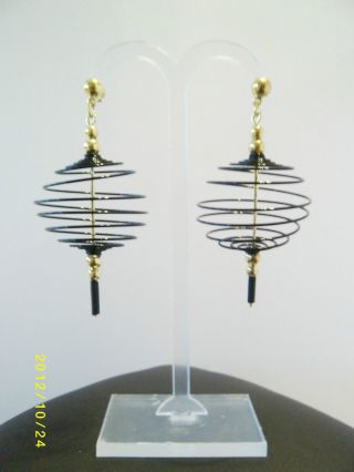 Black And Gold Spiral Spring Wire Space Age Earrings Vintage1980s Jewellery