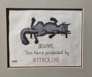 Vintage Finished Cross Stitch Picture Of Cat “beware Of Attack Cat”