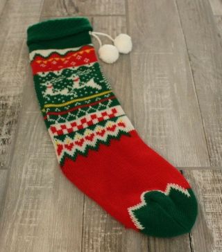 Vintage Knitted Christmas Stocking Reindeer Red Green Holiday Retro