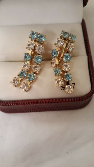 Vintage Clear/light Blue,  Dangles,  Clip Rhinestone Earrings,  Signed Trifari