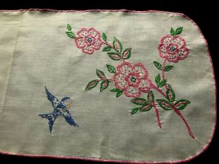 Early Vintage Primitive Gorgeous Flying Swallows,  Flowers Hand Embroidery Runner