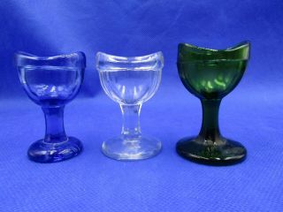 Vintage Glass Eye Medicine Cups - 3 - Cobalt,  Clear,  Green