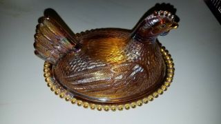 Vintage Amber Brown Glass Hen On Nest Glass Rooster Covered Dish Chicken