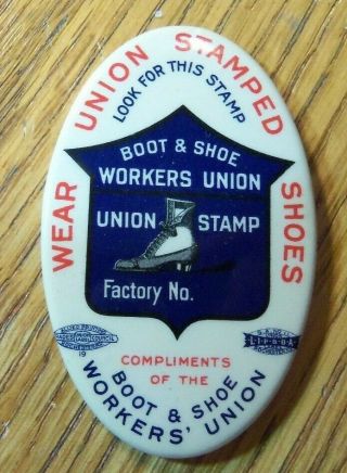 Vintage Celluloid Advertising Oval Pocket Mirror Boot & Shoe Workers Union
