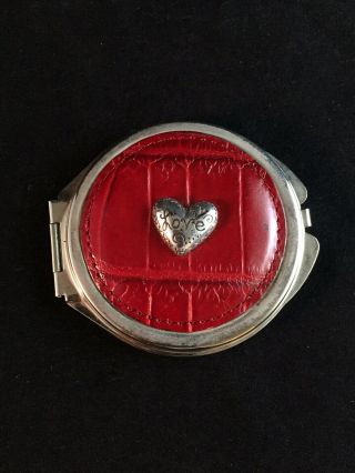 Vintage Brighton Red Croc Leather Heart Love Metal Mirror Compact Makeup Mirror
