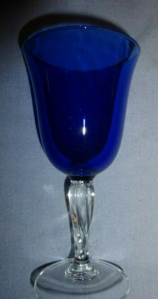 Vintage Cobalt Blue Wine Glass Twisted Stem Clear Bottom