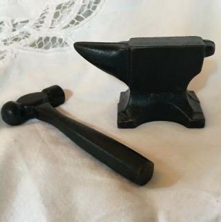 Vintage Miniature Cast Iron Blacksmithing Tools Anvil & Hammer 2 Piece Set