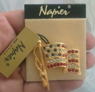Napier Vintage Waving Flag Pin,  Gold Tone With Rhinestones Uso Crisis Fund Moc