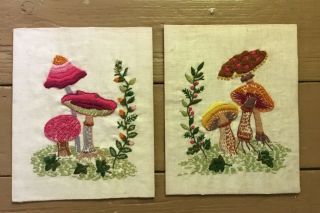 2 - Vintage Mushroon Crewel Embroidery Pictures 1970