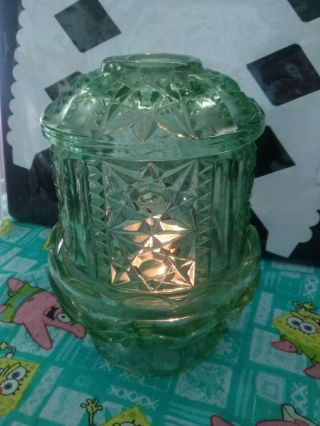 Vintage Indiana Glass Light Green " Stars & Bars ".  Fairy Lamp 6.  5 In Tall