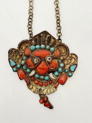 Vintage Tibetan Dragon Pendant Necklace Ethnographic Multi - Colored