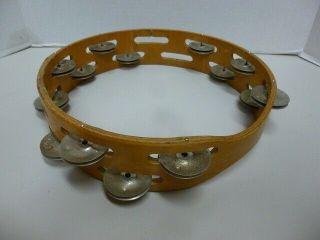 Vintage Percussion Instrument - 10 " - 2 Rows Of Jingles - " Wood Tambourine