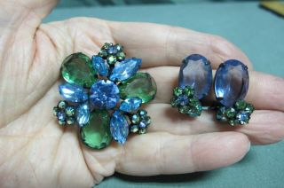 Vintage Black Enamel Blue& Green Glass W/ Rhinestone Brooch Pin & Clip Earrings